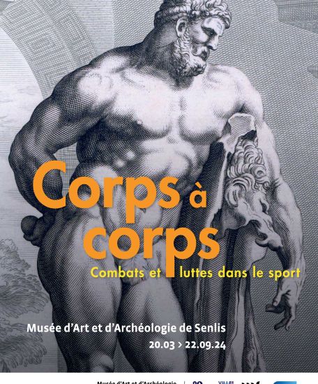Affiche de l'exposition Corps à corps au musée d'Art et d'Archéologie de Senlis, reprenant une gravure de la statue de l'Héraclès Farnèse
