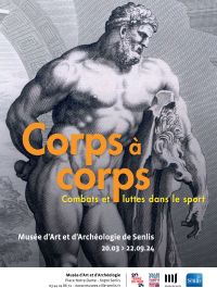 Affiche de l'exposition Corps à corps au musée d'Art et d'Archéologie de Senlis, reprenant une gravure de la statue de l'Héraclès Farnèse